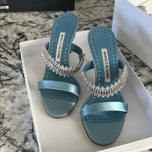Manolo Blahnik Blue Satin Heels with Crystal Accents - never worn 37.5
